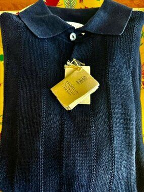 Brunello Cucinelli Men's Linen,Cotton Luxury 3 Button Polo, Navy Sz EU48, Hanger